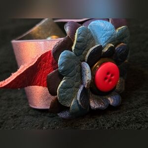 Floral Leather Bracelet with Button Accent